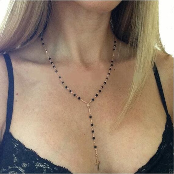 5 for $25 Black Bead Cross Lariat Necklace - Picture 2 of 3